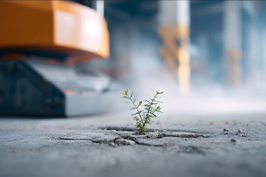 A small plant growing out of a crack in a concrete factory floor next to a robot foot messy background overexposed highlights slight motion blur shot on 35mm film s