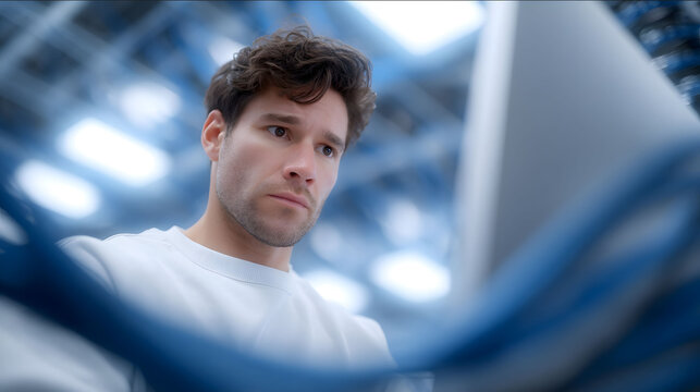 A chaotic server room cinematic shot a stressed IT technician screaming silently face illuminated by the intense blue light of a crashing server screen showing glit