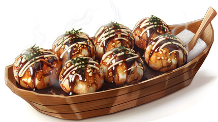 Freshly cooked Japanese takoyaki octopus balls with savory sauce and mayo on a wooden boat plate