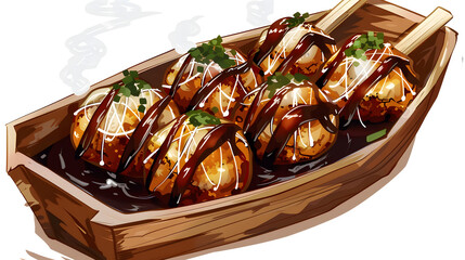 Freshly cooked Japanese takoyaki octopus balls with savory sauce and mayo on a wooden boat plate