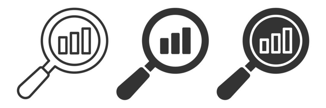 Magnifying glasses with bar charts for data analysis and research, analytic business icons, magnifier with chart symbols, statistics and report illustrations, editable vector design, flat and line 