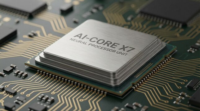 A close-up view of a computer chip on a circuit board with the label AI-CORE X7 NEURAL PROCESSOR UNIT