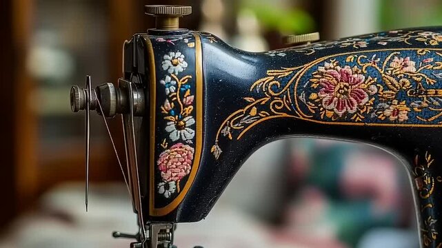 Vintage Sewing Machine with Floral Embellishments Closeup.