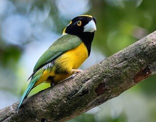 Naklejka premium black and yellow broadbill perching eye level on tree branch