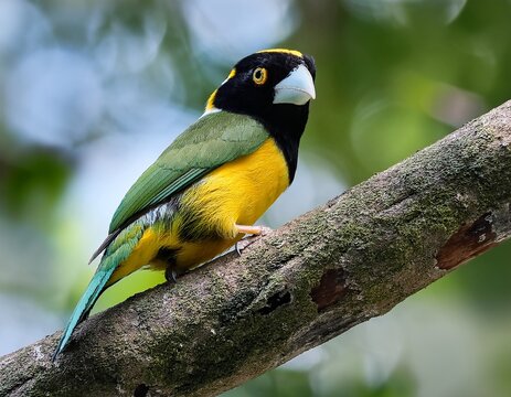 black and yellow broadbill perching eye level on tree branch