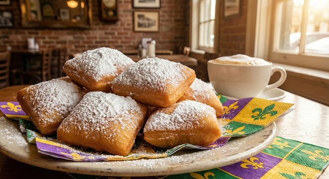 Freshly baked New Orleans beignets with powdered sugar and coffee on Mardi Gras napkins