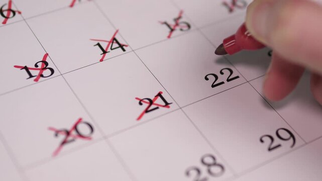 Calendar Focused Hand Uses Red Marker To Cross Off Elapsed Days Rhythmically. Closeup Of Hand Marking Calendar Days With Red Pen Indicating Elapsed Time Rhythmically And Precisely