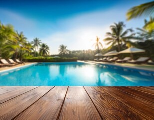 Fototapeta premium empty table top and blurred swimming pool in tropical resort in summer for display or montage your products