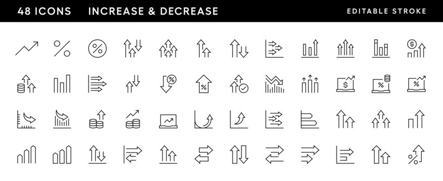 Increase and decrease icon set. Business growth, finance, economy, statistics, summary, growing, accounting, increase percent and more. Editable stroke. Pixel Perfect. Grid base 32 x 32.