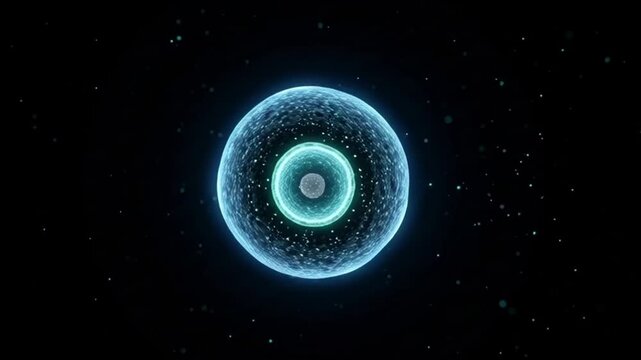 Abstract glowing blue cell with nucleus and particles on black background.
