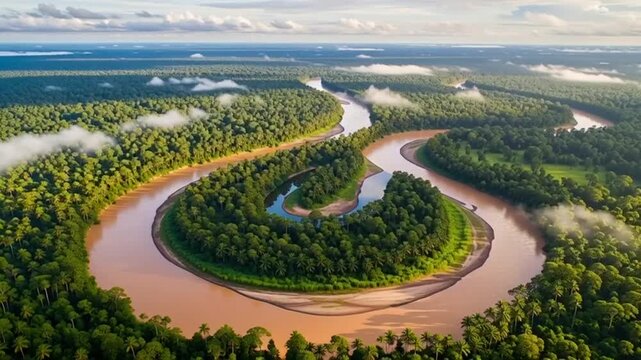 Aerial View of a Serpentine River Winding Through a Lush Green Rainforest.