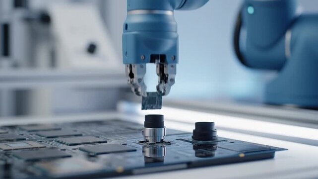 Precision robotic arm performing automated assembly operation carefully placing a small electronic component onto a complex printed circuit board in a high tech manufacturing environment