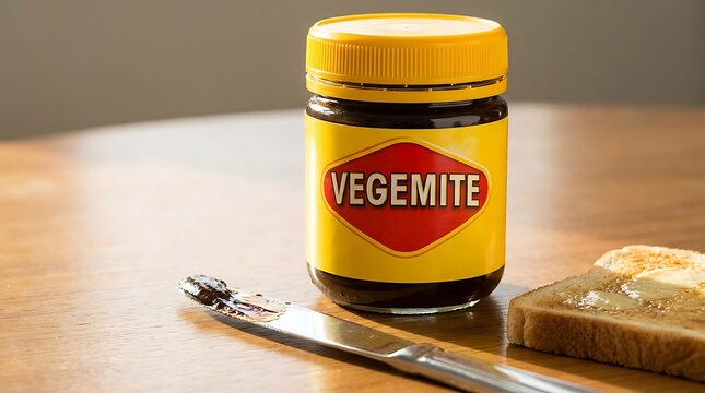 Australian yeast extract spread jar on wooden table with bread