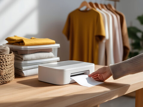 a closeup of a smart label printer printing a new label placed on a clean wooden table next to clear storage bins and folded seasonal clothing natural shadows from