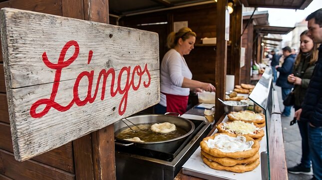Traditional Hungarian Langos Street Food Stall in Outdoor Market