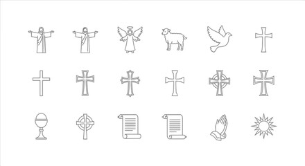 Fototapeta premium Collection of religious symbols, including crosses, angels, doves, sheep, chalices, and scrolls, presented in a clean line art style