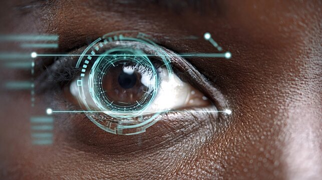 Close up view on a person's eye showing a digital overlay for iris or retina scanning, representing advanced biometric technology, security, and access control