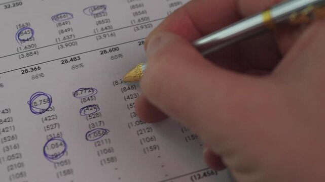 Hand Checks Finances. Caucasian Individual Diligently Examines Account Figures On Sheet. Careful Scrutiny Of Numerical Data By Person Using Blue Ink Stamps On Financial Document