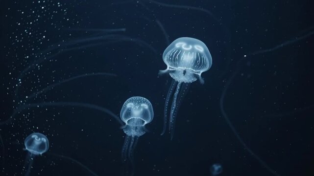 Bioluminescent Jellyfish Gracefully Floating in Deep Dark Ocean Waters.