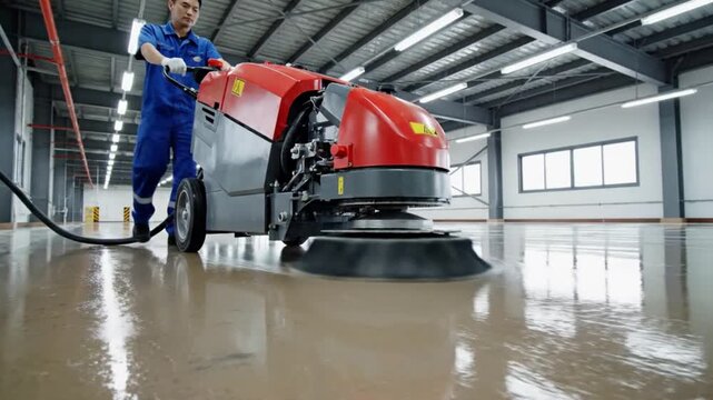 Professional industrial worker operating a large red and grey floor scrubber machine to deeply clean the expansive wet epoxy floor surface inside a large warehouse or factory facility