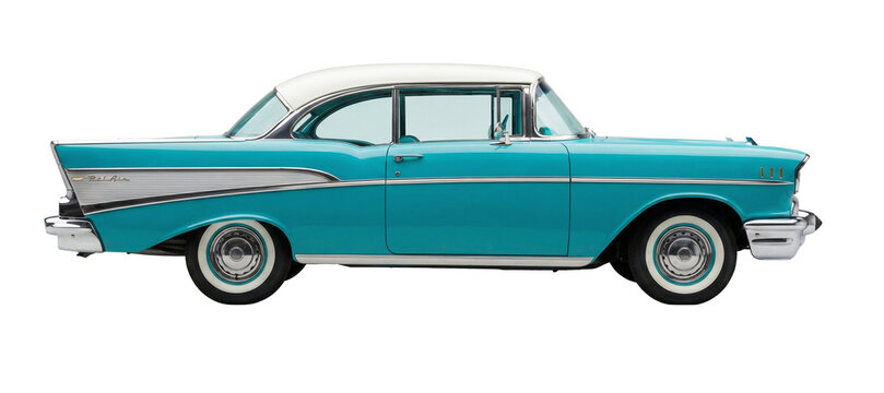 Vintage Turquoise Classic Car Side View Isolated on Transparent Background