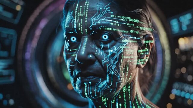 Mature woman's face illuminated by glowing blue and green digital circuitry patterns symbolizing artificial intelligence and advanced cybernetic integration within a futuristic setting