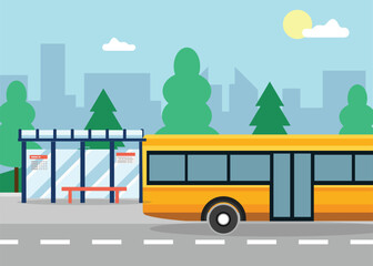 Modern City Bus Stop with Yellow Public Transport in Urban Landscape