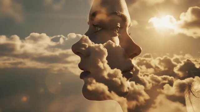 Double exposure of a female silhouette merged with golden hour clouds symbolizing duality inner thoughts and the ethereal nature of consciousness high above