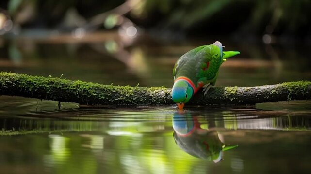 Colorful Parrot Drinks Water From Forest Stream Reflection.