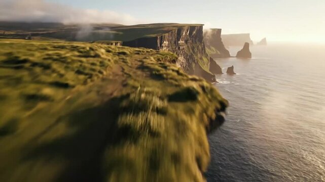 Aerial drone shot over breathtaking cliffs of moher in ireland at sunset featuring rugged rocky coastline and atlantic ocean wave