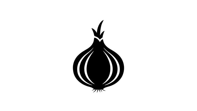 Vector illustration&nbsp;of black and white silhouette icon of an onion bulb with roots and sprout, on a transparent background