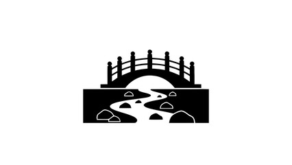 Naklejka premium Vector illustration&nbsp;of black silhouette icon of a traditional arched japanese bridge over a winding stream with rocks, on a transparent background