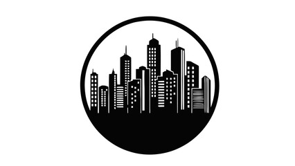 Vector illustration&nbsp;of black and white city skyline silhouette inside a circle icon or logo design on a transparent background