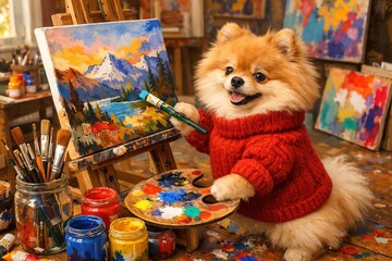 A Pomeranian Artist in a Red Sweater Paints a Mountain Scene