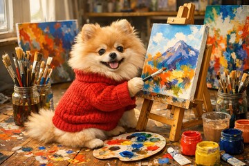 Pomeranian Artist in a Red Sweater Painting a Mountain Landscape