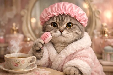 Pampered Tabby: Cat in Robe with Tea and Beauty Routine