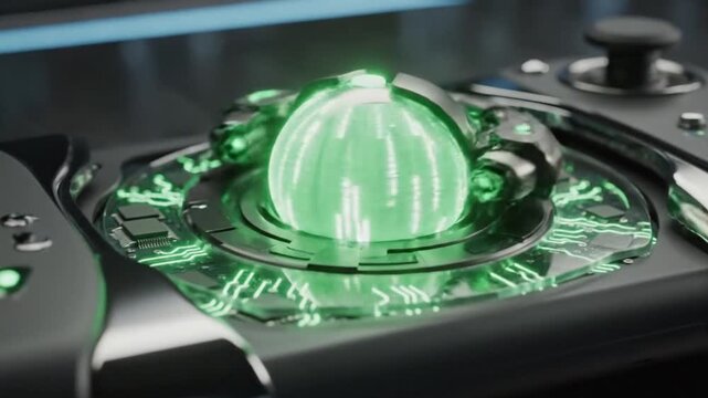 High technology gaming controller accessory featuring a glowing futuristic sphere with intricate circuit patterns and dual analog sticks demonstrating advanced processing power