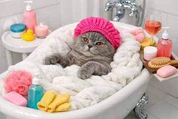 Relaxing Bathtime with a Pampered Cat: Luxury, Relaxation, and Bath Products.