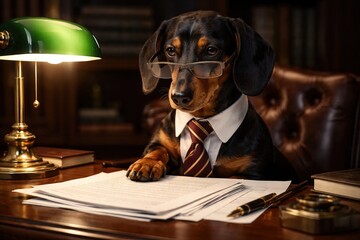 The Serious Dachshund: Professional Dog Reviewing Documents Under Green Banker's Lamp.