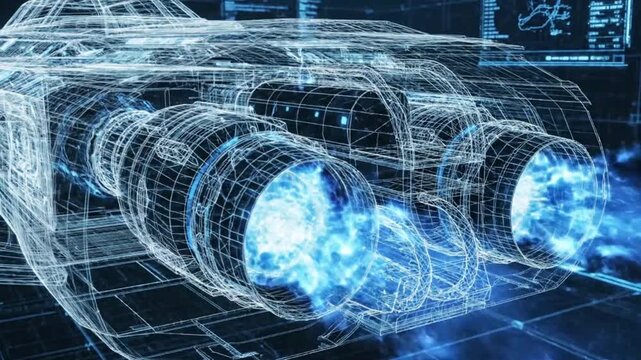 Wireframe rendering of a futuristic spacecraft engine firing brightly with blue plasma exhaust against a digital holographic display background showcasing technical data schematics and blueprints.