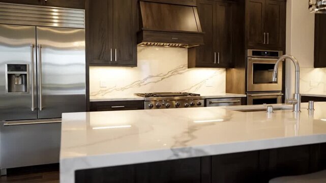 Luxurious modern kitchen interior featuring dark custom cabinetry sleek stainless steel appliances and expansive white marble waterfall island countertop for sophisticated home design enthusiasts.