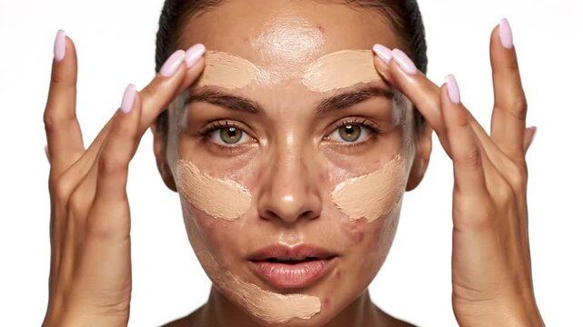 Woman applying concealer to facial blemishes with fingers