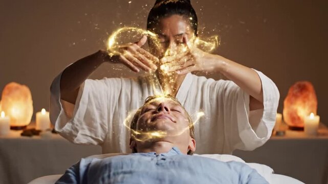Spiritual healer with intense golden energy light beams flowing from her hands directly into the crown chakra of a relaxed male client during a deep energy work session.