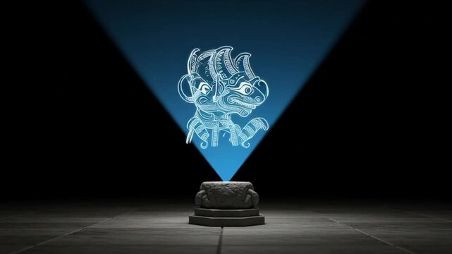 Futuristic Hologram Projection of a Sci-Fi Character in a Dark Room.