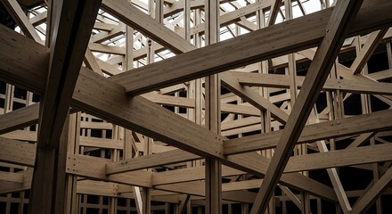 Wooden roof truss structure with beams and rafters exposed