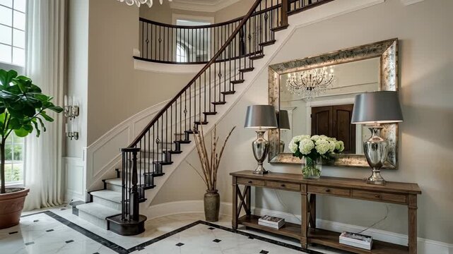 Elegant foyer with curved staircase, console table, and lush greenery.