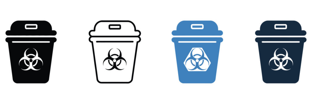 Multiple style sharps container icon collection, medical and healthcare disposal symbols, needle, syringe, and hazardous waste icons, editable vector