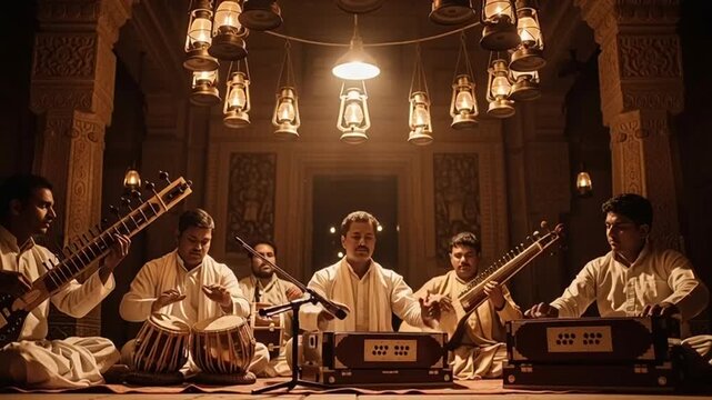 Indian classical music ensemble performing traditional ragas in a beautifully lit ancient hall.