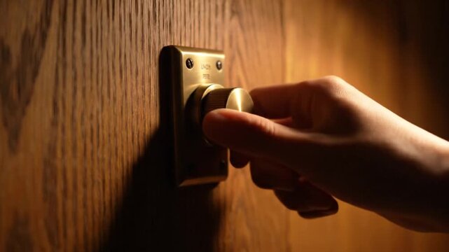 Close up of a person's hand delicately turning a vintage brass dimmer switch mounted on a dark richly textured wooden wall in a low lit warm environment emphasizing control and ambiance.