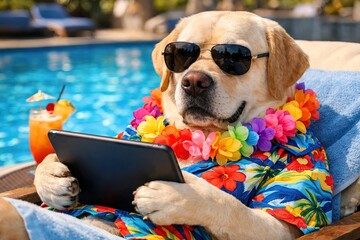 Relaxing Labrador Retriever by the Pool with Cocktail and Tablet Device.